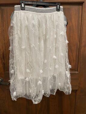 White Embroidered Tulle Midi Skirt